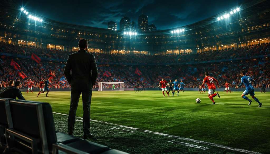 Manager na beira do campo observando a partida em um estádio 3D lotado à noite